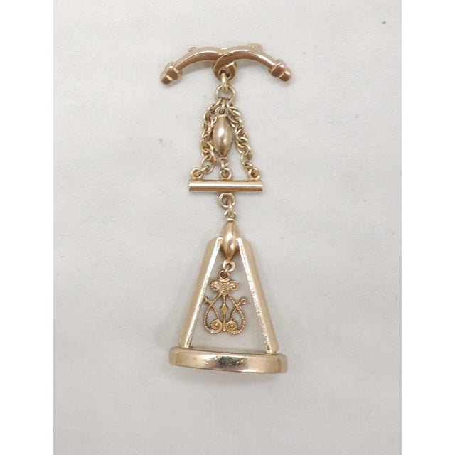 Metal Vintage 1950 Signed Monet Goldtone "Heritage Fob" Ad Piece Brooch For Sale - Image 7 of 8