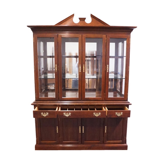 Brown Cresent Furniture Solid Cherry Traditional Style 75" Buffet W. Lighted Display Pediment China Cabinet 8252 8272 For Sale - Image 8 of 18