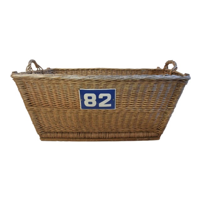 Vintage French Woven Wicker Basket W/ Blue & White Enameled Number "82" Plate For Sale