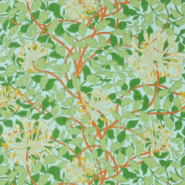 Morris & Co Honeysuckle Wallpaper in Sky/Burnt Orange - a Sample For Sale