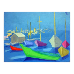 Modernist Boats - Abstract Monterey Seascape in Oil on Canvas by Virginia Rogers