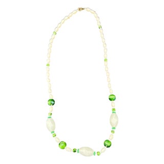 1930s Czech Bohemian Green/White Lamp Art Glass W/Mop Shell Bead Necklace For Sale