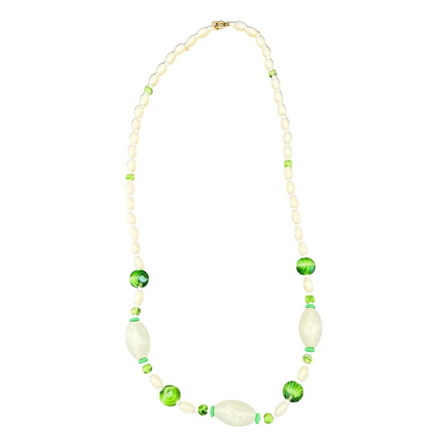 1930s Czech Bohemian Green/White Lamp Art Glass W/Mop Shell Bead Necklace For Sale