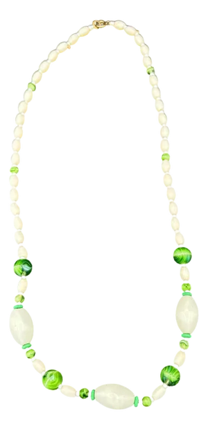 1930s Czech Bohemian Green/White Lamp Art Glass W/Mop Shell Bead Necklace