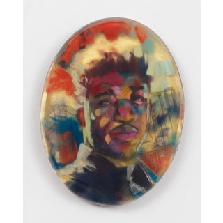 Aundre by Marc Scheff | Oil, pencil pan pastel, layered resin Portrait of a young man with colorful background. For Sale