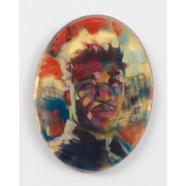 Aundre by Marc Scheff | Oil, pencil pan pastel, layered resin Portrait of a young man with colorful background. For Sale
