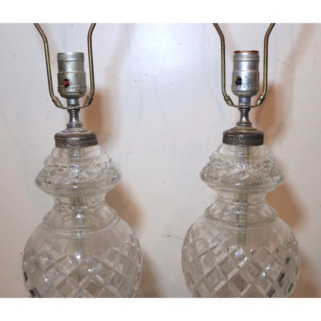 Metal Vintage Pair of 2 Cut Clear Crystal Glass Silver Toned Electric Table Lamps For Sale - Image 7 of 12