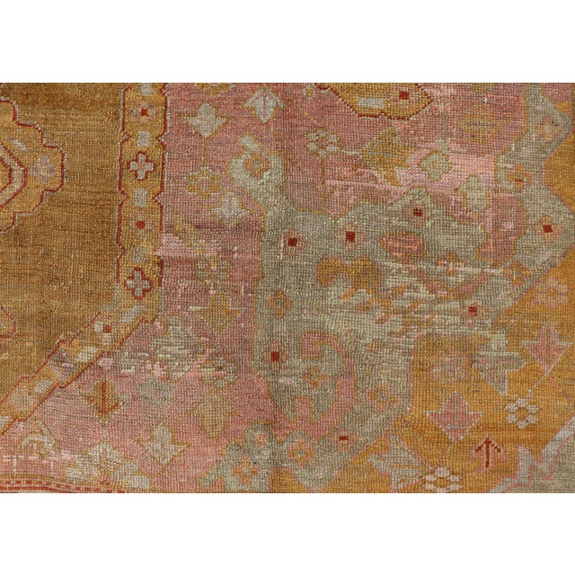 19th century Squared Shape Antique Oushak Rug with golden Green, Marigold, Cream and Pink Color. Keivan Woven Arts / Rug /...