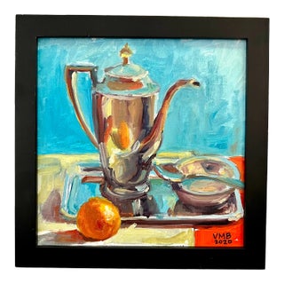 Silver Teapot With Orange Still Life Oil Painting For Sale