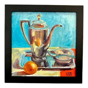 Silver Teapot With Orange Still Life Oil Painting