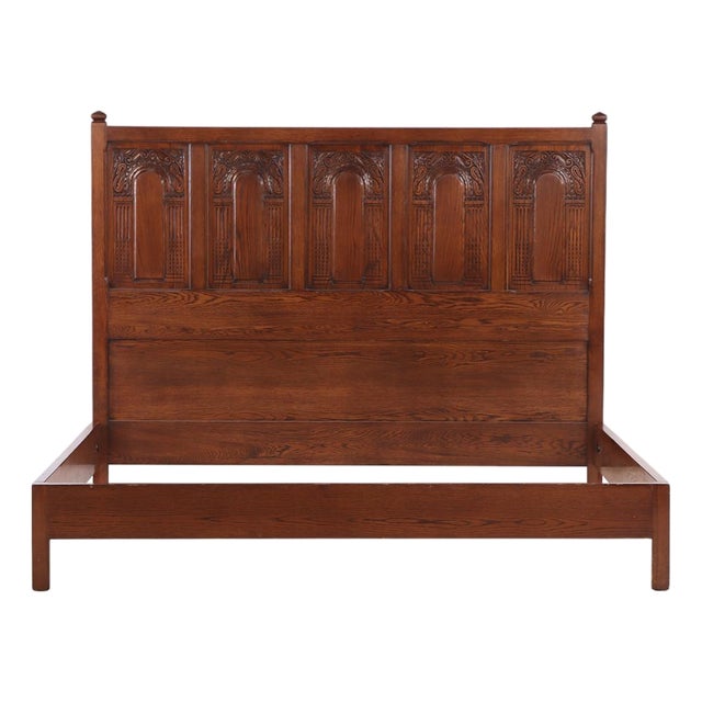 Gothic Style Carved Oak, King Size Bed. For Sale