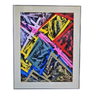 1980s Signed Abstract Tempera Painting on Paper, Framed