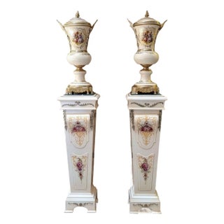 French-Style Marble Pedestal With Decorative Porcelain Vase – Gold & Silver Leaf Details Set of 2 For Sale