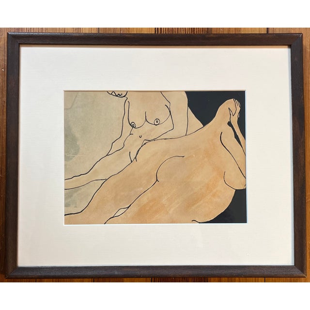 Paint Anna Poulos (American 1933 - 2003) Modernist Abstract Figural Ink Drawing and Watercolor Painting of Two Nude Women Dated 1966 For Sale - Image 7 of 9