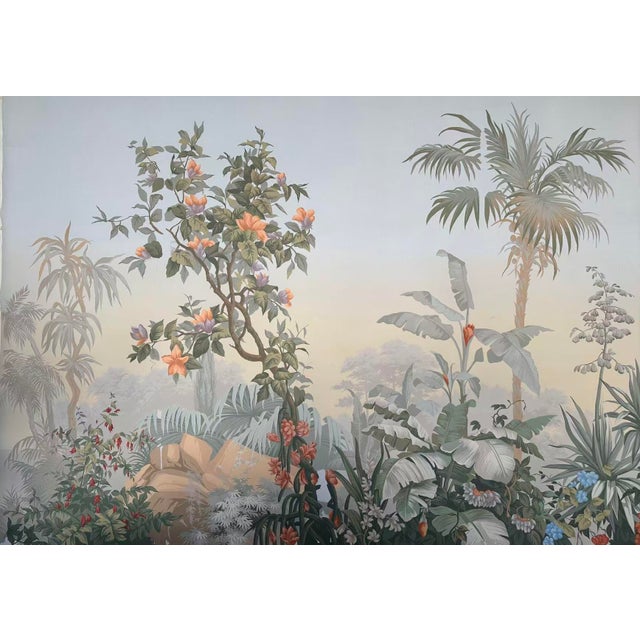 French 36" * H108" * 4ps, Hand-Painted French Retro Tropical Jungle Floral & Bird Wall Mural, Soft Mist Botanical Wallpaper For Sale - Image 3 of 6