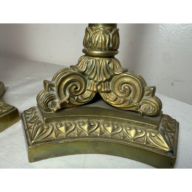 Pair Antique Ornate 1800's Gilt Bronze French Neoclassical Candlestick Holders For Sale - Image 4 of 12