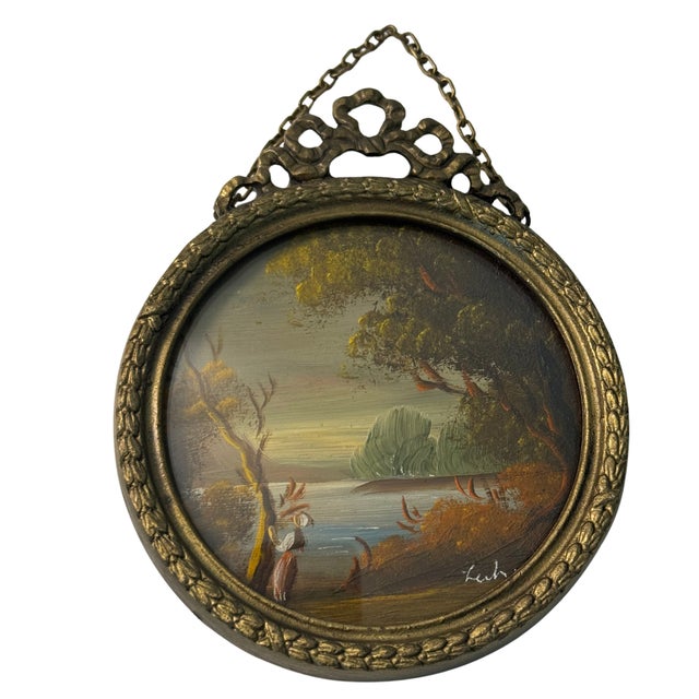 A charming 1950s–1960s Italian miniature oil landscape, beautifully set in an ornate Rococo-style Brass frame with a Brass...