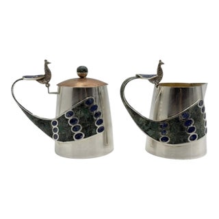 1970s Wolmar Castillo "Peacock" Creamer, Sugar Pot & Ladle W/ Malachite & Lapis Inlay For Sale