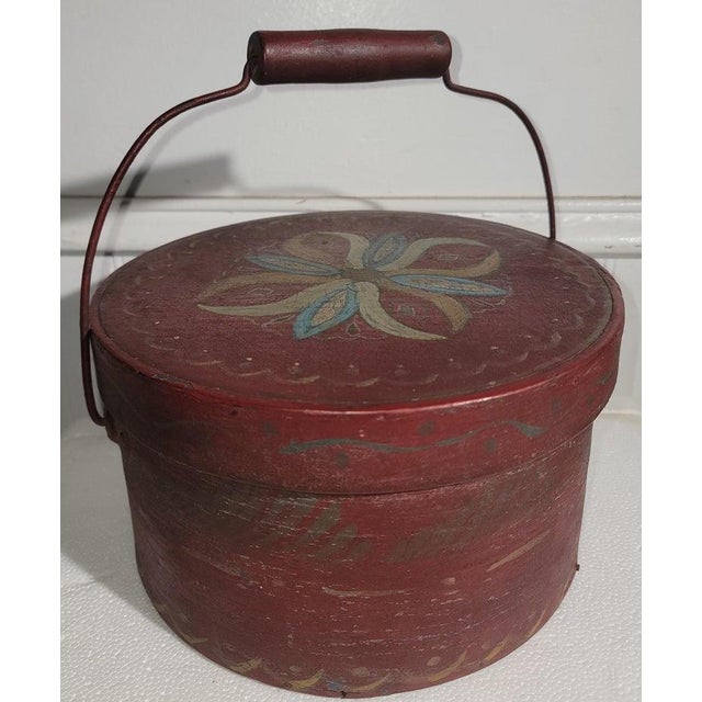 19Thc Original paint decorated red over blue swing handled pantry box from New England.This amazing over painted pantry...