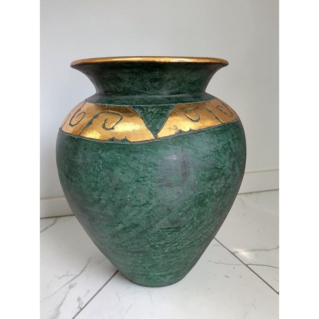Large Vintage Green & Gold Gilt Terracotta Floor Vase 1980's A striking and highly decorative large vintage terracotta...