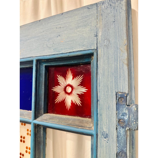 Antique Late 19th Century Blue Painted Moorish Style Stained Glass Door With Hand-Painted Landscape Panel For Sale - Image 10 of 15
