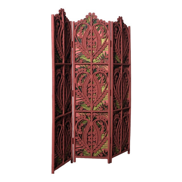 Italian Rattan and Double-Sided Fabric Room Divider, 1980s For Sale