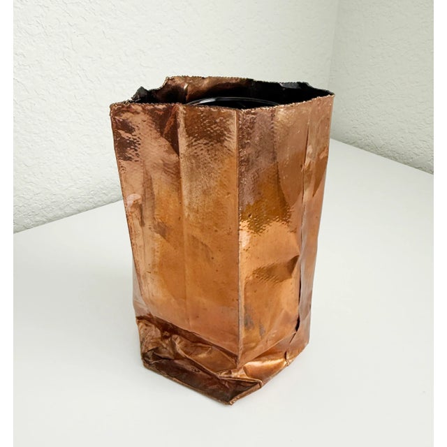 Fun and funky 1980s cast metal vase modeled after a simple brown paper bag. Likely produced by California Bronze, though...