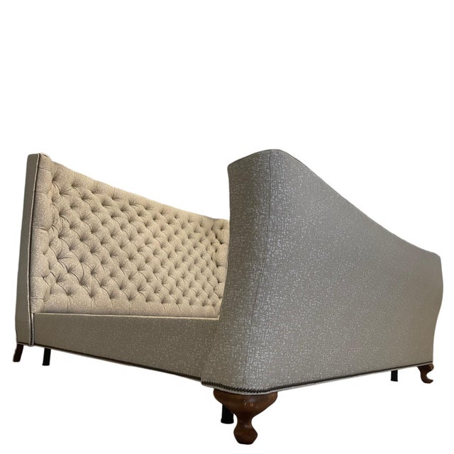 A luxurious custom-made Henredon king bed in the sought-after “Gabriella” style, featuring a dramatic tufted wingback...