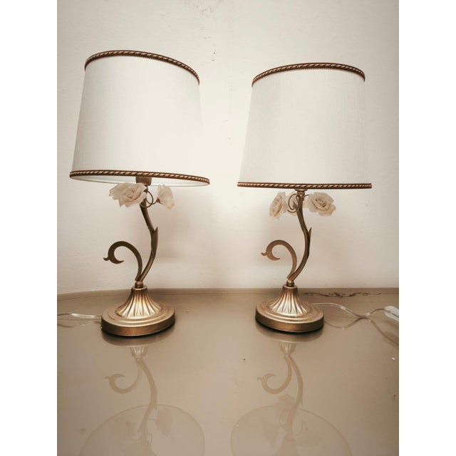 Small Lamps with Ceramic Roses and Fabric Lampshades, 1980s, Set of 2 For Sale - Image 11 of 12