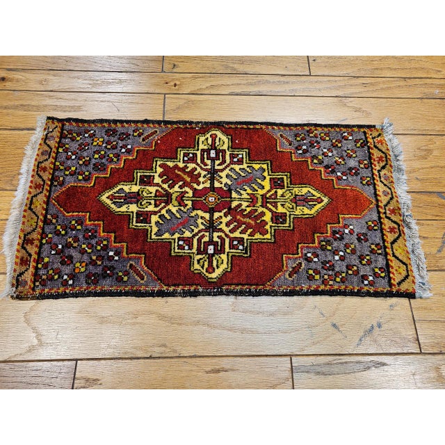 Vintage Turkish Tribal Prayer Rug, Handwoven Wool Pile, Red Medallion, 2' x 3' For Sale - Image 12 of 12