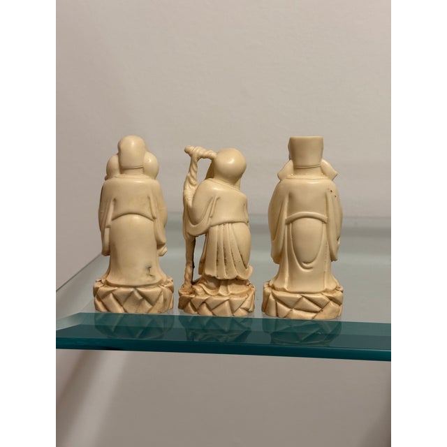Ivory Vintage Carved Resin Chinese Sanxing Deity Figurines, Fuk, Luk, and Sau, Taoist Icons of Blessings, Prosperity and Longevity- Set of 3 For Sale - Image 8 of 12