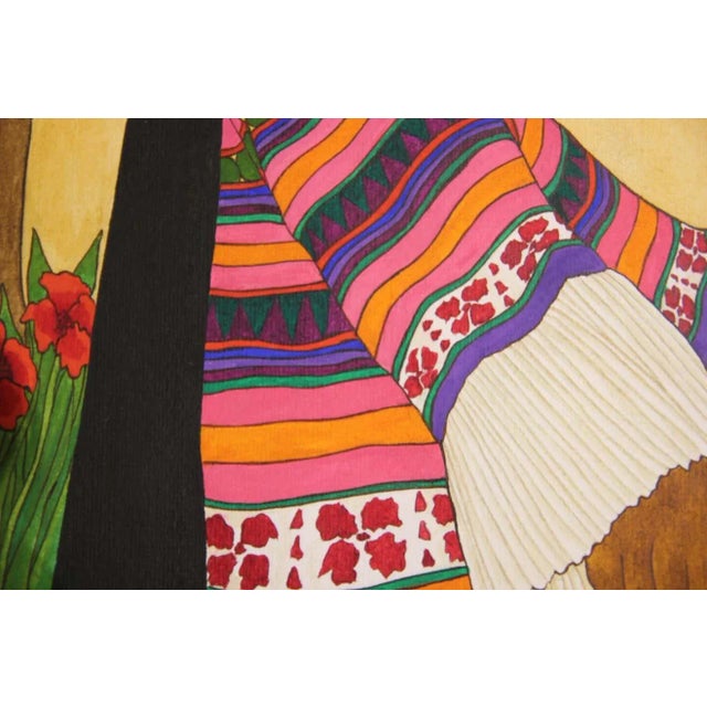 1990s Nadine Mayes Colorful Watercolor Portrait of Seated Female in Pink and Orange Striped Dress 1990s For Sale - Image 5 of 11