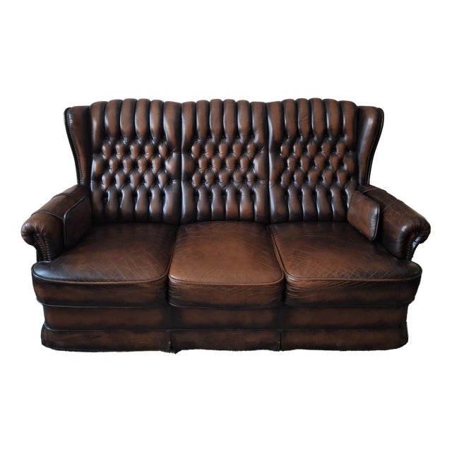 Chesterfield 3-Seater Sofa in Chestnut-Coloured Leather For Sale