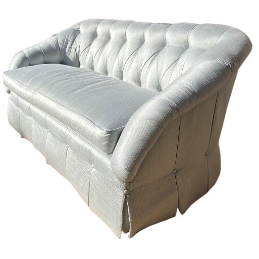 Sky Blue Custom Blue Tufted Sofa With Pleated Skirt For Sale - Image 8 of 15