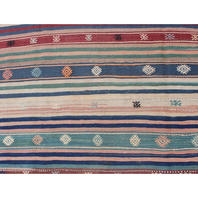 Mid 20th Century Colorful Vintage Turkish Kilim Rug With Horizontal Stripes and Tribal Designs For Sale - Image 9 of 12