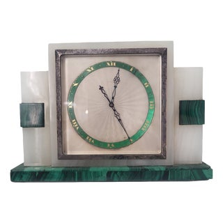 French Art Deco Onyx and Malachite Veneer Mantel Clock, 1920s For Sale
