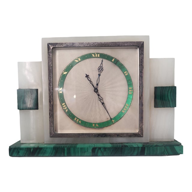 French Art Deco Onyx and Malachite Veneer Mantel Clock, 1920s For Sale