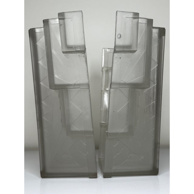 Pair of French Art Deco Moulded & Frosted Skyscraper Glass Wall Appliqués Light Sconces in the Manner of Marius-Ernest Sabino, c.1930 For Sale - Image 12 of 18