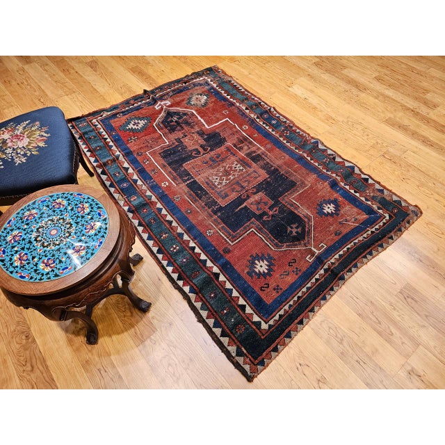 Red Antique Fachralo Kazak Prayer Rug, Handwoven Wool, Persimmon & Green, 4' x 6' For Sale - Image 8 of 18