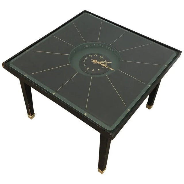 In the Style of Jacques Adnet, Black Leather and Brass Small Clock Table For Sale - Image 13 of 13