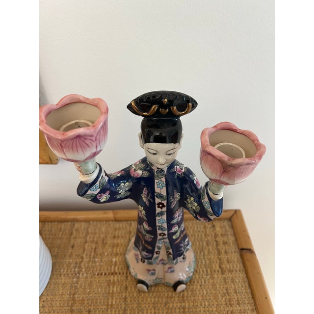 Blue Chinese Export Famille Rose Figural Candlestick Lotus Candle Holder For Sale - Image 8 of 11