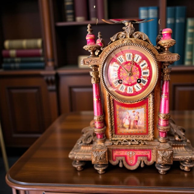 1900s Rare French Pink Sevres-Style Gilt Bronze Porcelain Mantle Clock + Candelabra For Sale In Los Angeles - Image 6 of 12