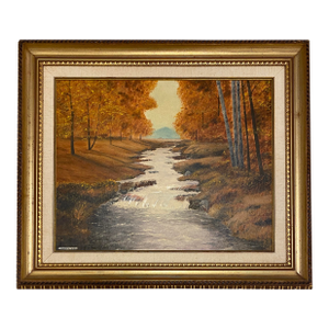 Framed Autumn River Landscape Oil Painting by A. Klosner – Mid-Century Impressionist Style