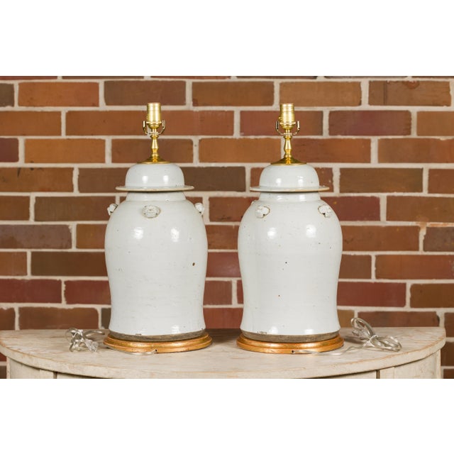 Asian Modern White Porcelain Lidded Urns on Gilded Bases - Pair For Sale - Image 9 of 12