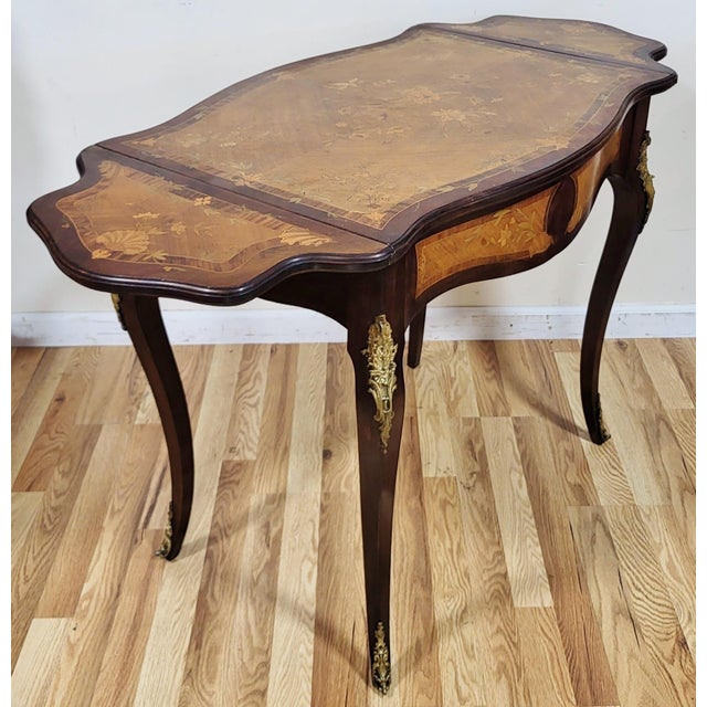 Antique American Made French Louis XV Marquetry Drop Leaf Center Table Desk For Sale - Image 9 of 18