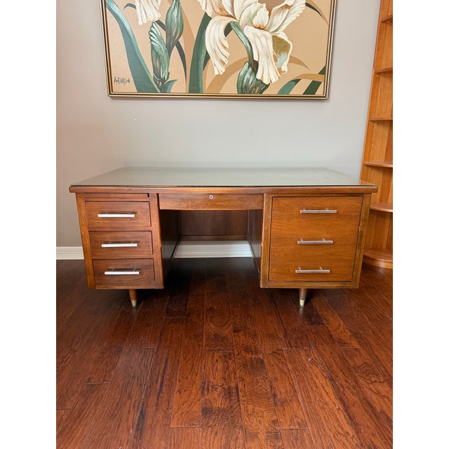 1950s Mid Century Walnut Executive Desk with Glass Top Gorgeous walnut mid century desk from the 1950s, coming from a...