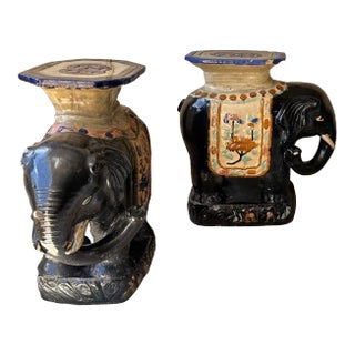 Mid 20th Century Pair of Glazed Terracotta Elephant Stools For Sale