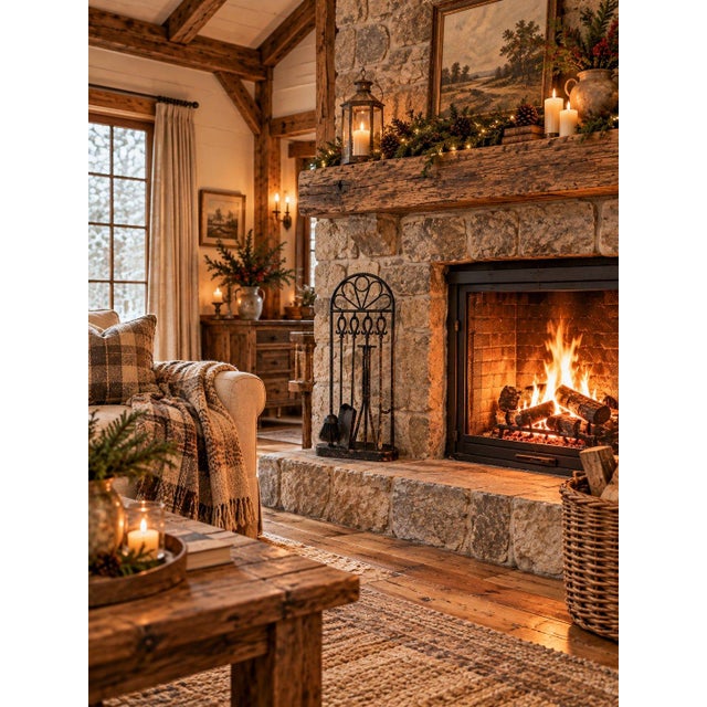 Metal Rustic Farmhouse Fireplace Tool Set 4 Piece Black Hearth Stand For Sale - Image 7 of 7