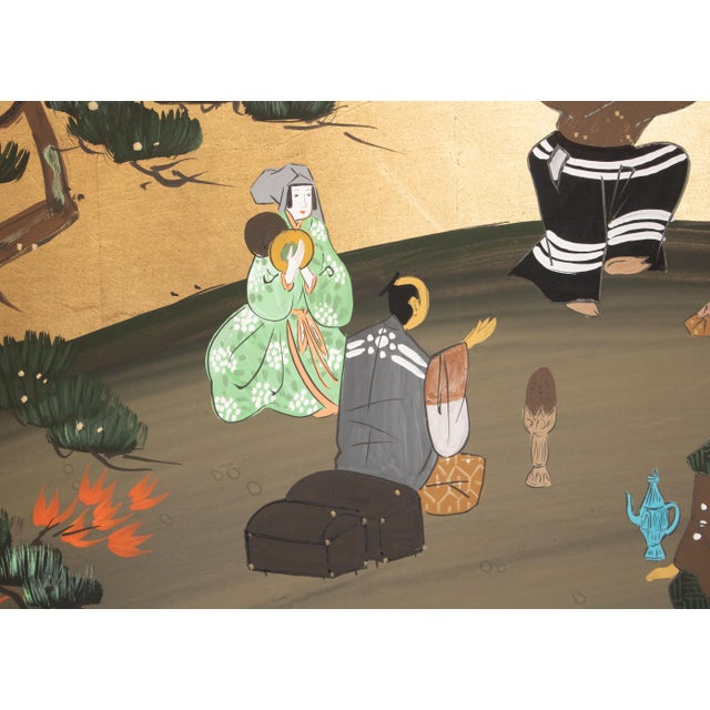 Stunning vintage Showa Era Japanese 4-panel hand painted Byobu (folding screen), depicting Autumn Festival Scene by the...