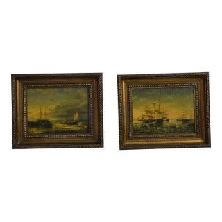 Pair Framed Ship Oil Paintings on Board For Sale